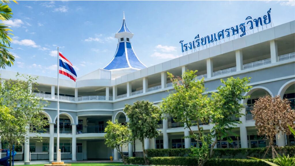 Sethavidhya School main building with the Thai flag and school name sign, Hua Hin